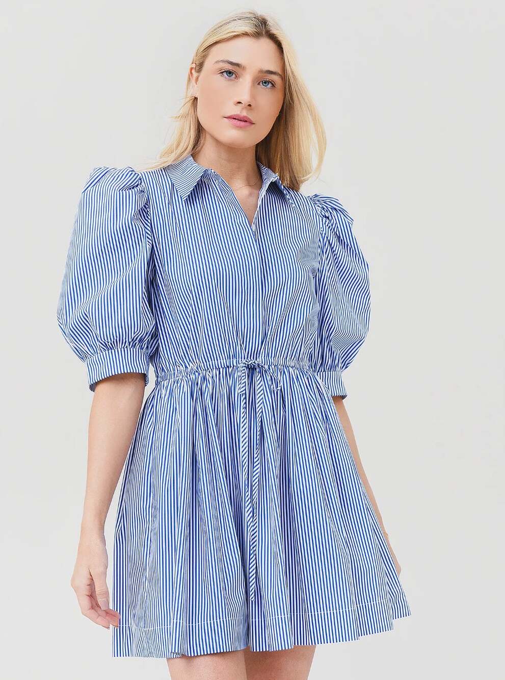 Hunter Bell Tuckernuck McCauley Mini Dress Blue White Stripe Puff Sleeve Button